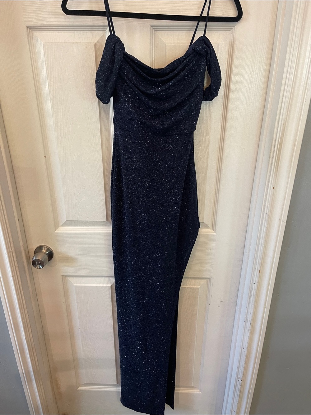 Windsor Navy Sparkle off the-Shoulder Evening Gown